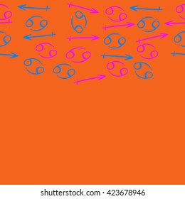 Seamless horizontal pattern  of zodiac signs, doodles, object,cancer,sagittarius, copy space. Hand drawn.
