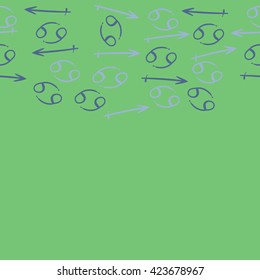 Seamless horizontal pattern  of zodiac signs, doodles, object,cancer,sagittarius, copy space. Hand drawn.