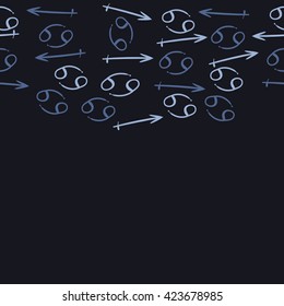 Seamless horizontal pattern  of zodiac signs, doodles, object,cancer,sagittarius, copy space. Hand drawn.