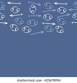Seamless horizontal pattern  of zodiac signs, doodles, object,cancer,sagittarius, copy space. Hand drawn.