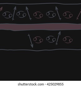 Seamless  horizontal pattern  of zodiac signs, doodles, object,cancer,sagittarius, spot, copy space. Hand drawn.