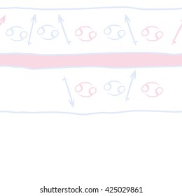 Seamless  horizontal pattern  of zodiac signs, doodles, object,cancer,sagittarius, spot, copy space. Hand drawn.