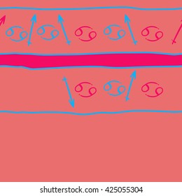 Seamless  horizontal pattern  of zodiac signs, doodles, object,cancer,sagittarius, spot, copy space. Hand drawn.