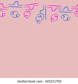 Seamless horizontal pattern  of zodiac signs, doodles, object,cancer,libra, copy space. Hand drawn.