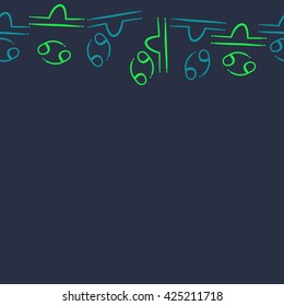 Seamless horizontal pattern  of zodiac signs, doodles, object,cancer,libra, copy space. Hand drawn.