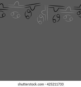 Seamless horizontal pattern  of zodiac signs, doodles, object,cancer,libra, copy space. Hand drawn.