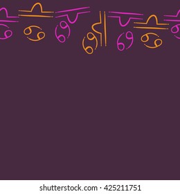 Seamless horizontal pattern  of zodiac signs, doodles, object,cancer,libra, copy space. Hand drawn.