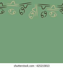Seamless horizontal pattern  of zodiac signs, doodles, object,cancer,libra, copy space. Hand drawn.