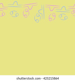 Seamless horizontal pattern  of zodiac signs, doodles, object,cancer,libra, copy space. Hand drawn.
