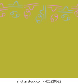 Seamless horizontal pattern  of zodiac signs, doodles, object,cancer,libra, copy space. Hand drawn.