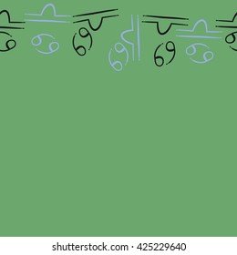 Seamless horizontal pattern  of zodiac signs, doodles, object,cancer,libra, copy space. Hand drawn.
