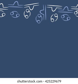 Seamless horizontal pattern  of zodiac signs, doodles, object,cancer,libra, copy space. Hand drawn.