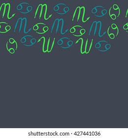 Seamless  horizontal pattern  of zodiac signs, doodles, object,cancer,scorpio,  copy space. Hand drawn.