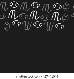 Seamless  horizontal pattern  of zodiac signs, doodles, object,cancer,scorpio,  copy space. Hand drawn.