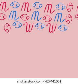 Seamless  horizontal pattern  of zodiac signs, doodles, object,cancer,scorpio,  copy space. Hand drawn.