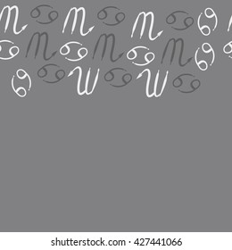 Seamless  horizontal pattern  of zodiac signs, doodles, object,cancer,scorpio,  copy space. Hand drawn.