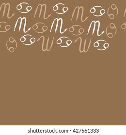 Seamless  horizontal pattern  of zodiac signs, doodles, object,cancer,scorpio,  copy space. Hand drawn.