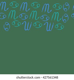 Seamless  horizontal pattern  of zodiac signs, doodles, object,cancer,scorpio,  copy space. Hand drawn.