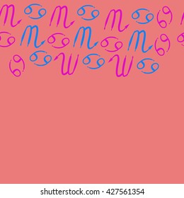 Seamless  horizontal pattern  of zodiac signs, doodles, object,cancer,scorpio,  copy space. Hand drawn.
