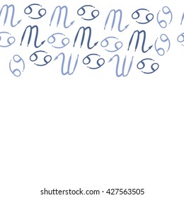 Seamless  horizontal pattern  of zodiac signs, doodles, object,cancer,scorpio,  copy space. Hand drawn.