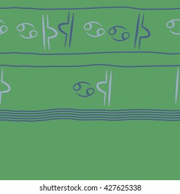 Seamless  horizontal pattern  of zodiac signs, doodles, object,cancer,libra, stripes, copy space. Hand drawn.