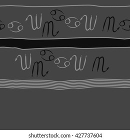 Seamless horizontal pattern  of zodiac signs, doodles, object,cancer,scorpio, stripes, spot,  copy space. Hand drawn.
