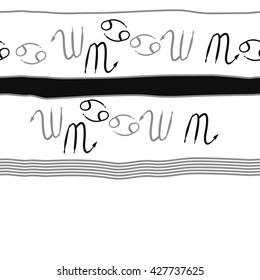 Seamless horizontal pattern  of zodiac signs, doodles, object,cancer,scorpio, stripes, spot,  copy space. Hand drawn.