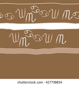 Seamless horizontal pattern  of zodiac signs, doodles, object,cancer,scorpio, stripes, spot,  copy space. Hand drawn.