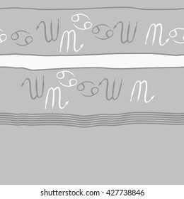 Seamless horizontal pattern  of zodiac signs, doodles, object,cancer,scorpio, stripes, spot,  copy space. Hand drawn.