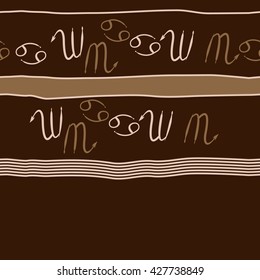 Seamless horizontal pattern  of zodiac signs, doodles, object,cancer,scorpio, stripes, spot,  copy space. Hand drawn.