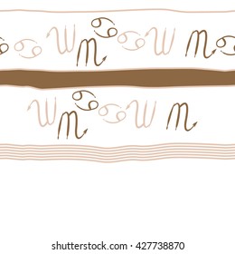 Seamless horizontal pattern  of zodiac signs, doodles, object,cancer,scorpio, stripes, spot,  copy space. Hand drawn.