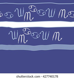 Seamless horizontal pattern  of zodiac signs, doodles, object,cancer,scorpio, stripes, spot,  copy space. Hand drawn.