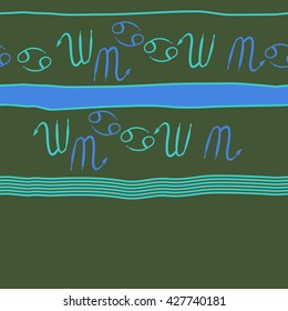 Seamless horizontal pattern  of zodiac signs, doodles, object,cancer,scorpio, stripes, spot,  copy space. Hand drawn.