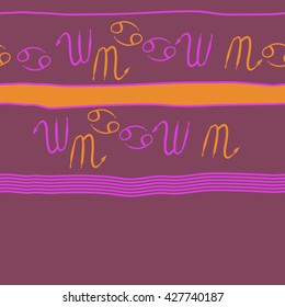 Seamless horizontal pattern  of zodiac signs, doodles, object,cancer,scorpio, stripes, spot,  copy space. Hand drawn.