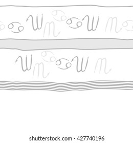 Seamless horizontal pattern  of zodiac signs, doodles, object,cancer,scorpio, stripes, spot,  copy space. Hand drawn.