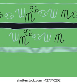 Seamless horizontal pattern  of zodiac signs, doodles, object,cancer,scorpio, stripes, spot,  copy space. Hand drawn.