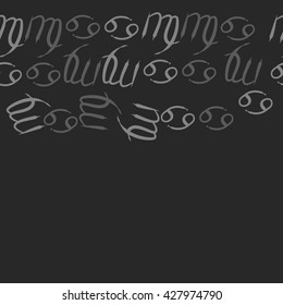 Seamless  horizontal pattern  of zodiac signs, doodles, object,cancer,virgo,copy space. Hand drawn.