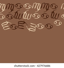 Seamless  horizontal pattern  of zodiac signs, doodles, object,cancer,virgo,copy space. Hand drawn.