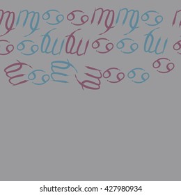 Seamless  horizontal pattern  of zodiac signs, doodles, object,cancer,virgo,copy space. Hand drawn.
