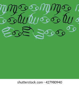Seamless  horizontal pattern  of zodiac signs, doodles, object,cancer,virgo,copy space. Hand drawn.