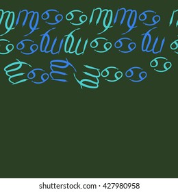 Seamless  horizontal pattern  of zodiac signs, doodles, object,cancer,virgo,copy space. Hand drawn.