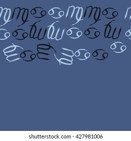 Seamless  horizontal pattern  of zodiac signs, doodles, object,cancer,virgo,copy space. Hand drawn.