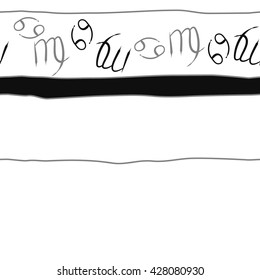 Seamless horizontal  pattern of zodiac signs, doodles, object,cancer,virgo, stripes, spot, copy space. Hand drawn.