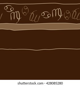 Seamless horizontal  pattern of zodiac signs, doodles, object,cancer,virgo, stripes, spot, copy space. Hand drawn.