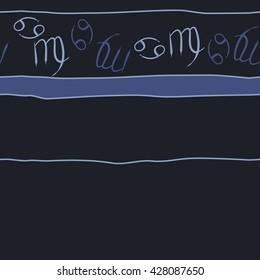 Seamless horizontal  pattern of zodiac signs, doodles, object,cancer,virgo, stripes, spot, copy space. Hand drawn.