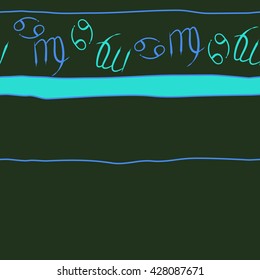 Seamless horizontal  pattern of zodiac signs, doodles, object,cancer,virgo, stripes, spot, copy space. Hand drawn.
