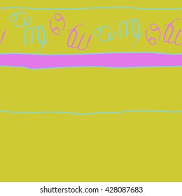 Seamless horizontal  pattern of zodiac signs, doodles, object,cancer,virgo, stripes, spot, copy space. Hand drawn.