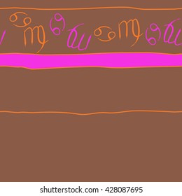 Seamless horizontal  pattern of zodiac signs, doodles, object,cancer,virgo, stripes, spot, copy space. Hand drawn.