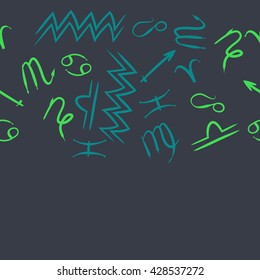 Seamless horizontal pattern of zodiac signs, doodles, object,cancer,virgo,aries,cancer,lion,scorpio,sagittarius,capricorn,aquarius,pisces, copy space . Hand drawn