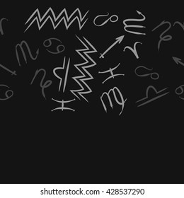 Seamless horizontal pattern of zodiac signs, doodles, object,cancer,virgo,aries,cancer,lion,scorpio,sagittarius,capricorn,aquarius,pisces, copy space . Hand drawn